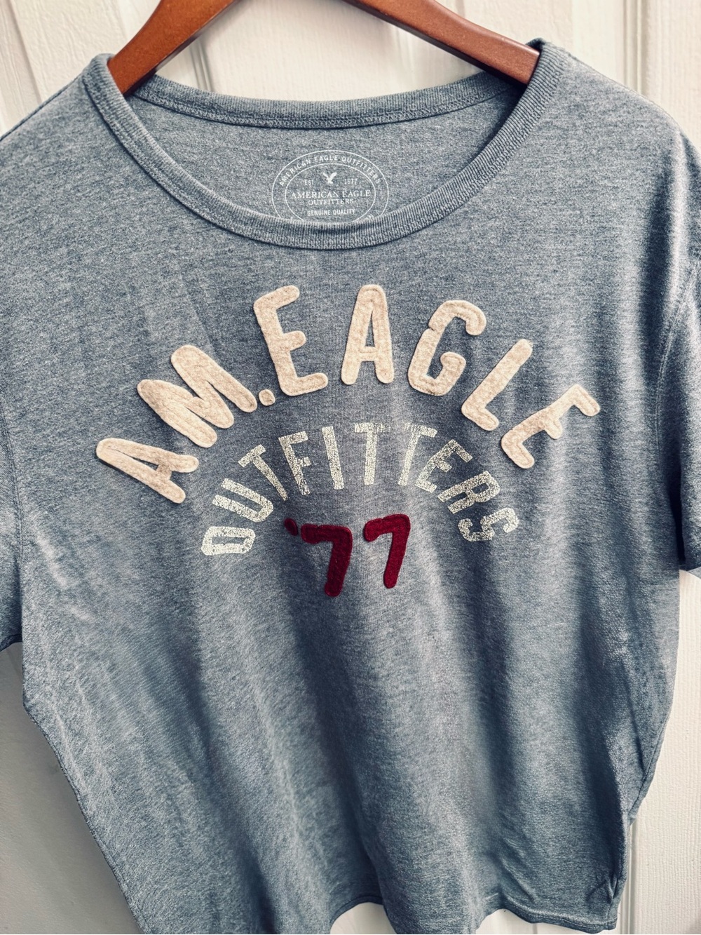American Eagle Outfitters Heather Gray Graphic Crewneck Tee with White Logo